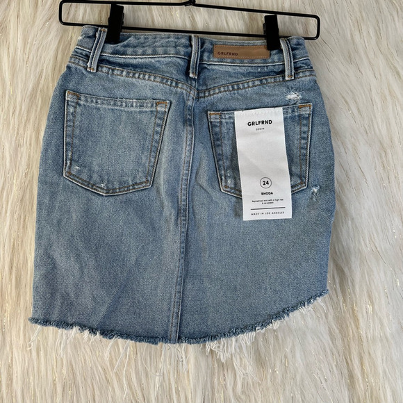 Grlfrnd Denim Rhoda Mini Skirt Blue Distressed Denim 5-Pockets USA 24 New - Picture 3 of 7